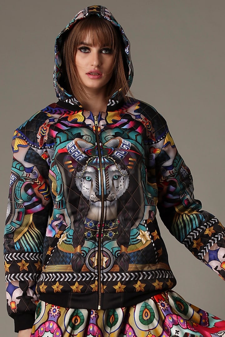 Black Digital Printed Hoodie Jacket by Alpona Designs