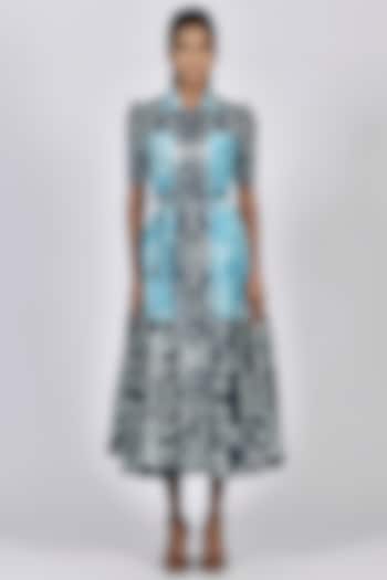 Dark Navy Blue & Turquoise Digital Printed Shirt Dress by Alpona Designs