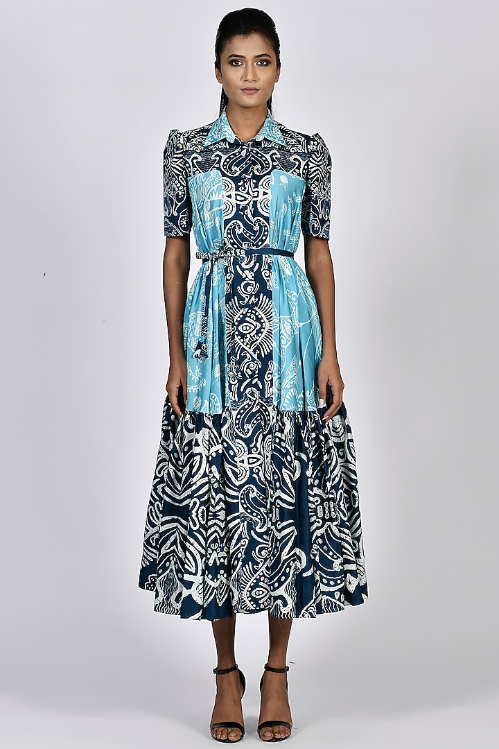 Dark Navy Blue & Turquoise Digital Printed Shirt Dress by Alpona Designs