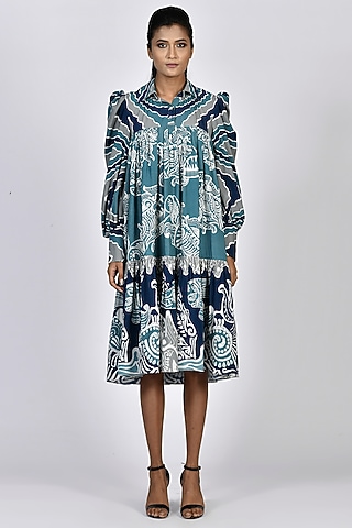 Dark Navy Blue & Sora Blue Printed Tiered Mini Dress by Alpona Designs