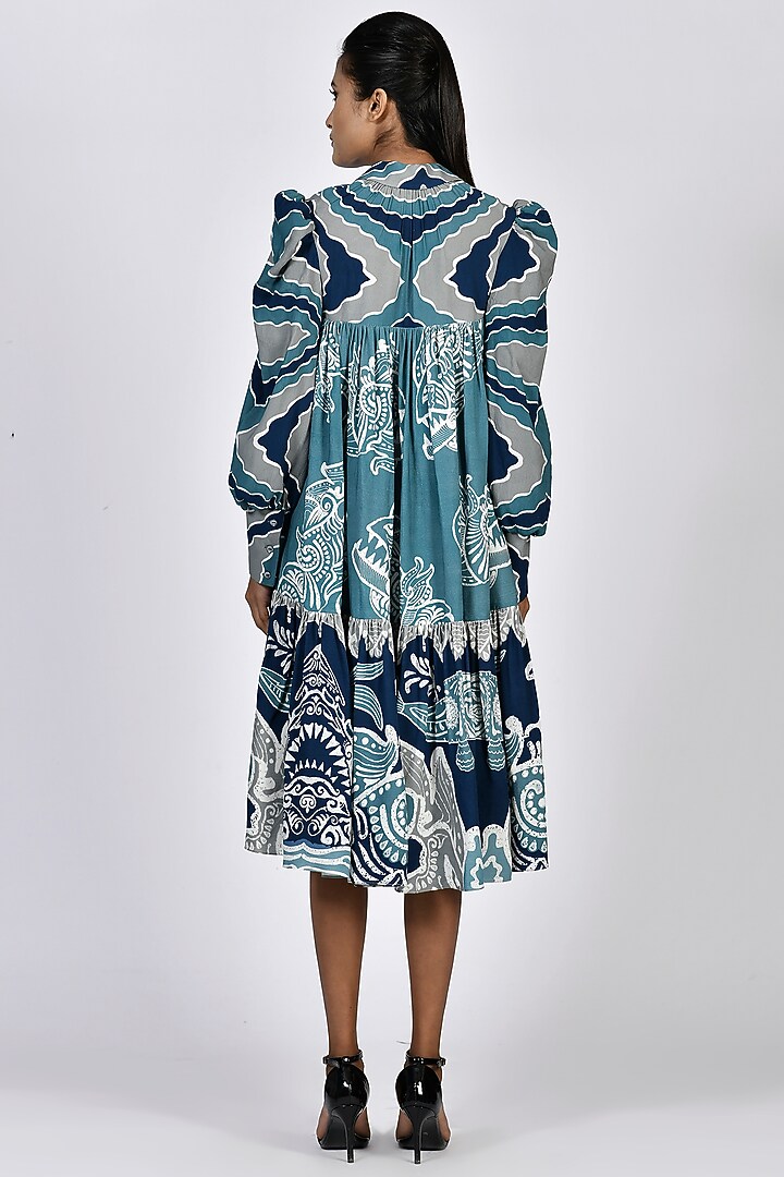 Dark Navy Blue & Sora Blue Printed Tiered Mini Summer Dress by Alpona Designs at Pernia's Pop Up Shop