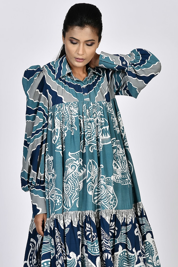 Dark Navy Blue & Sora Blue Printed Tiered Mini Summer Dress by Alpona Designs at Pernia's Pop Up Shop