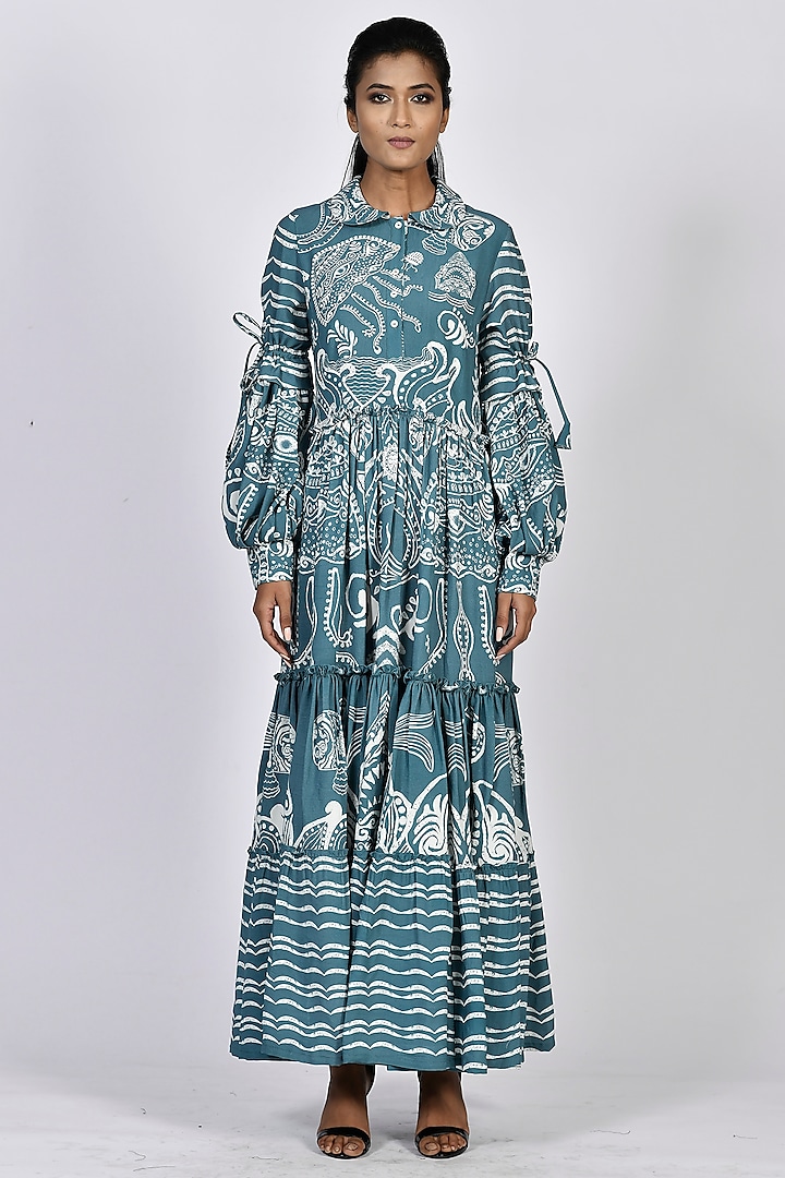 Sora Blue Digital Printed Tiered Maxi Dress by Alpona Designs