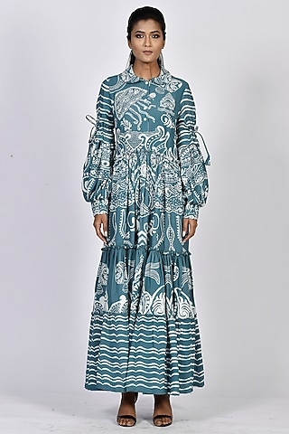 Sora Blue Digital Printed Tiered Maxi Dress by Alpona Designs