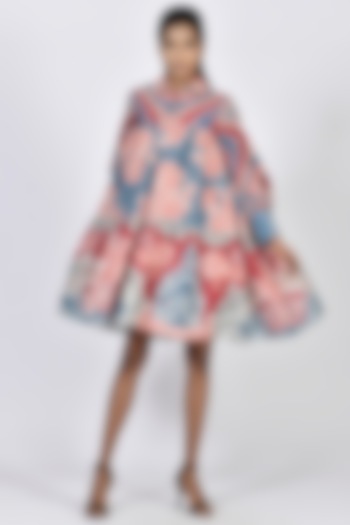 Sora Blue & Coral Digital Printed Tiered Mini Dress by Alpona Designs at Pernia's Pop Up Shop