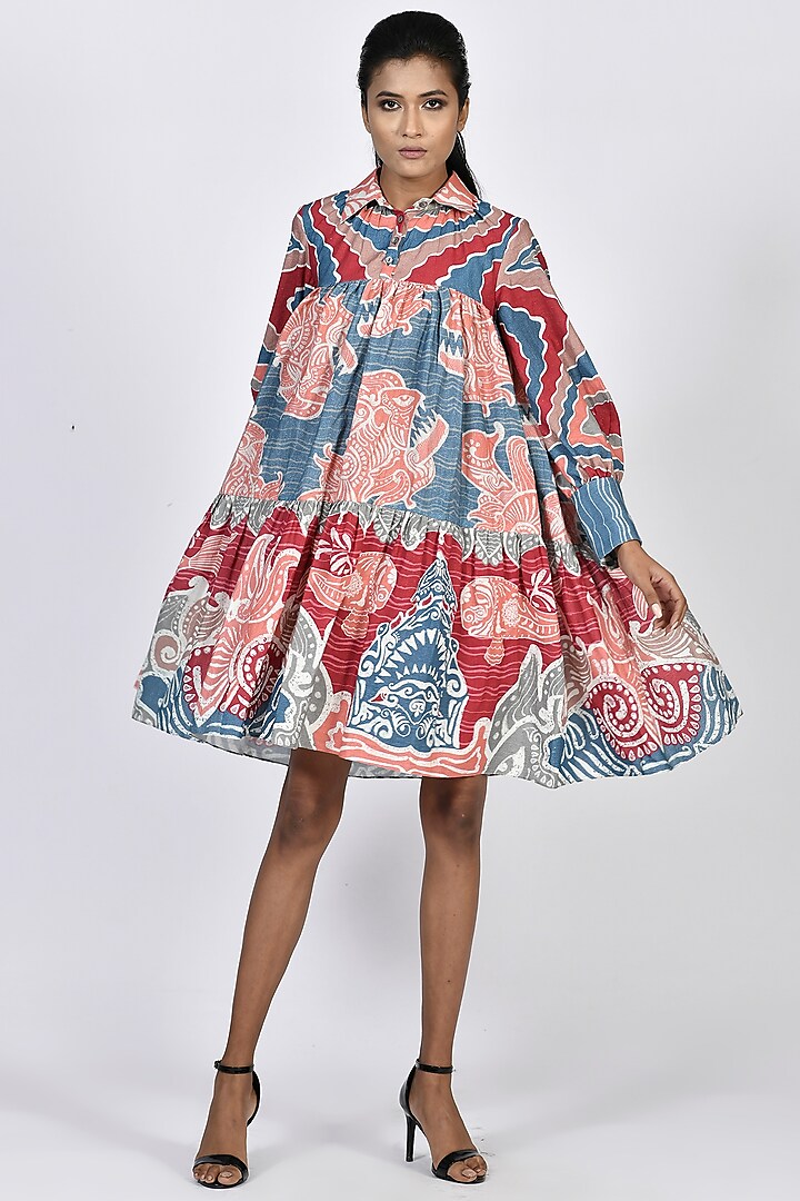 Sora Blue & Coral Digital Printed Tiered Mini Dress by Alpona Designs at Pernia's Pop Up Shop