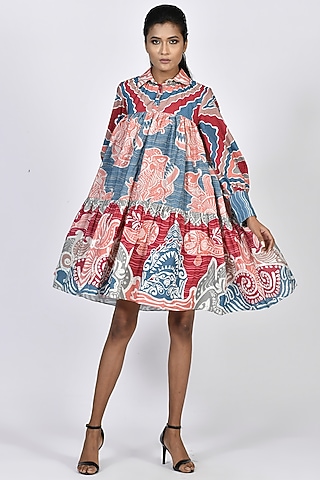 Sora Blue & Coral Digital Printed Tiered Mini Dress by Alpona Designs