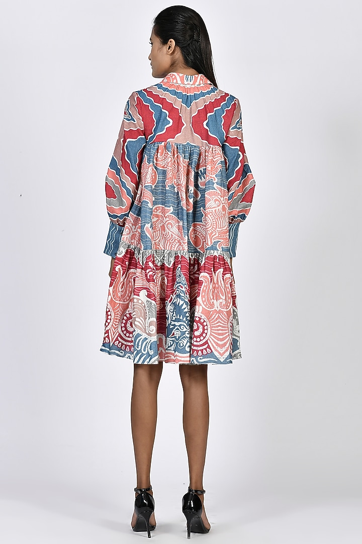 Sora Blue & Coral Digital Printed Tiered Mini Summer Dress by Alpona Designs at Pernia's Pop Up Shop