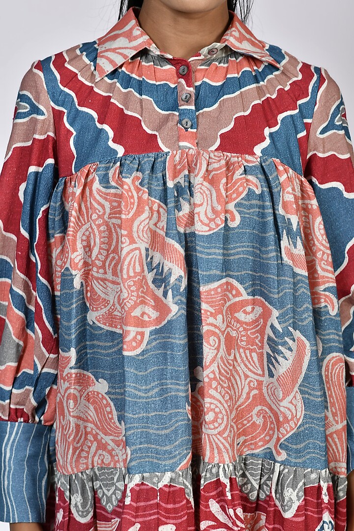 Sora Blue & Coral Digital Printed Tiered Mini Summer Dress by Alpona Designs at Pernia's Pop Up Shop