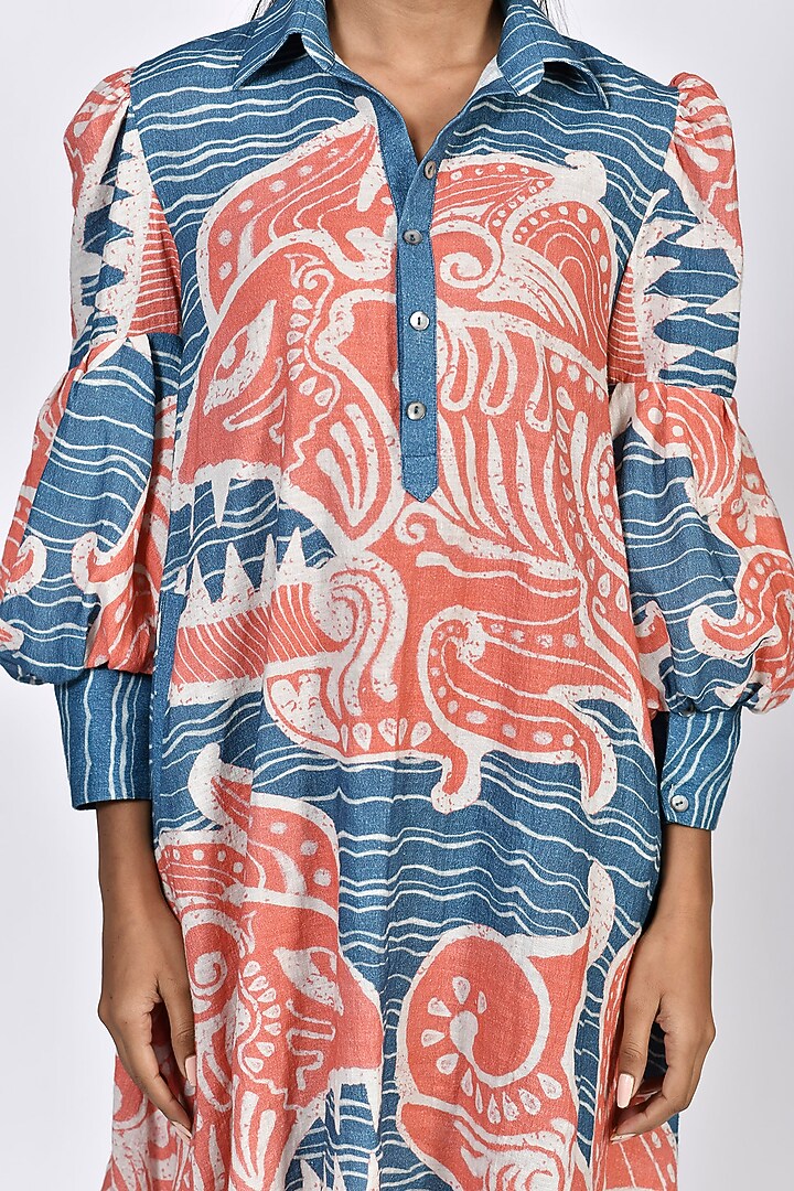 Sora Blue & Coral Digital Printed Short Tunic by Alpona Designs at Pernia's Pop Up Shop