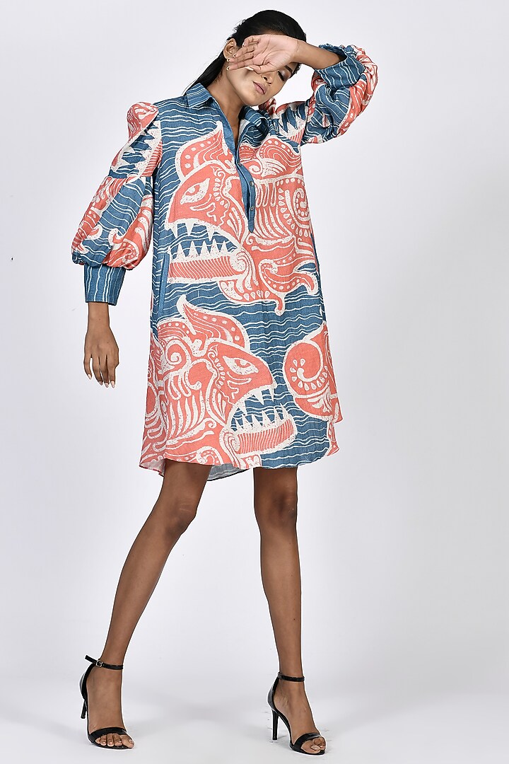 Sora Blue & Coral Digital Printed Short Tunic by Alpona Designs at Pernia's Pop Up Shop