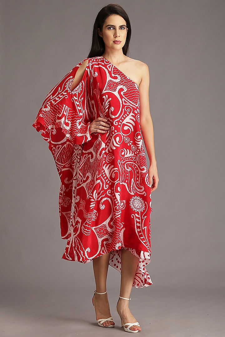 Cadmium Red Digital Printed One-Shoulder Dress by Alpona Designs