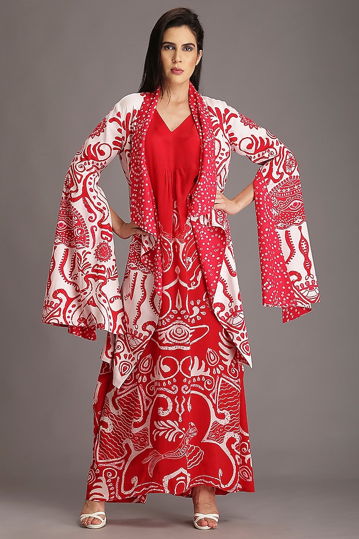 White & Cadmium Red Digital Printed Front-Open Jacket by Alpona Designs