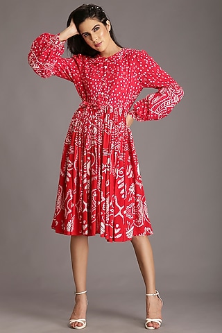 Cadmium Red Printed Dress by Alpona Designs