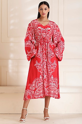 Red Ocean Printed Dress by Alpona Designs