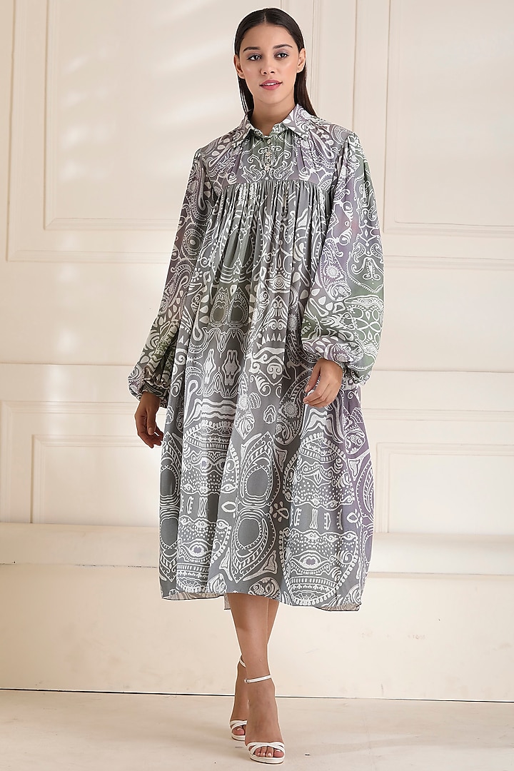 Grey Ocean Printed Tiered Dress by Alpona Designs at Pernia's Pop Up Shop