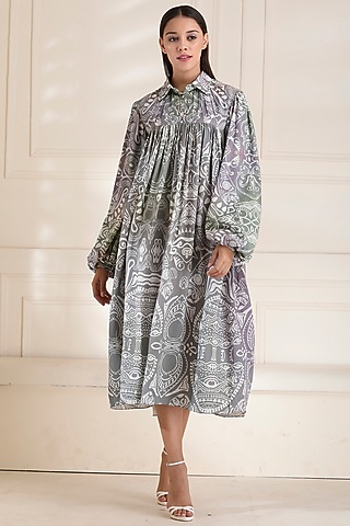 Grey Ocean Printed Tiered Dress by Alpona Designs