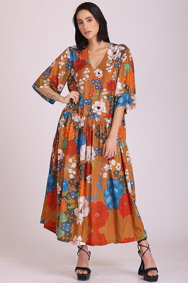 Brown Floral Printed Dress by Alpona Designs
