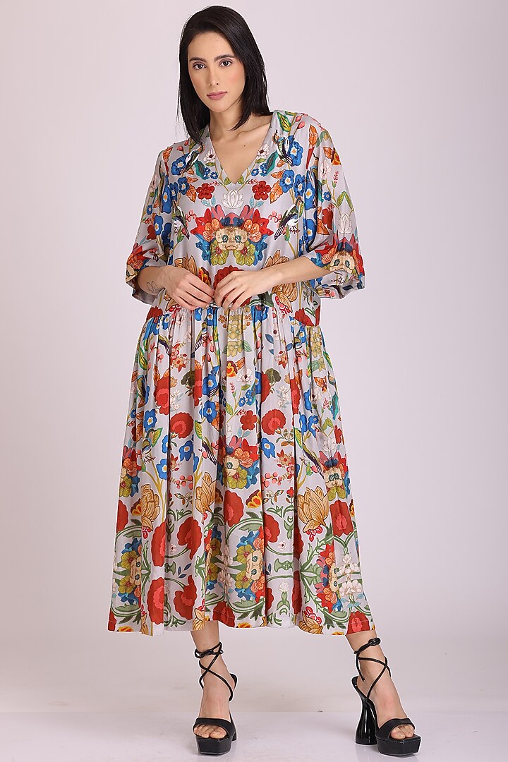 Grey Floral Printed Vacation Dress by Alpona Designs at Pernia's Pop Up Shop