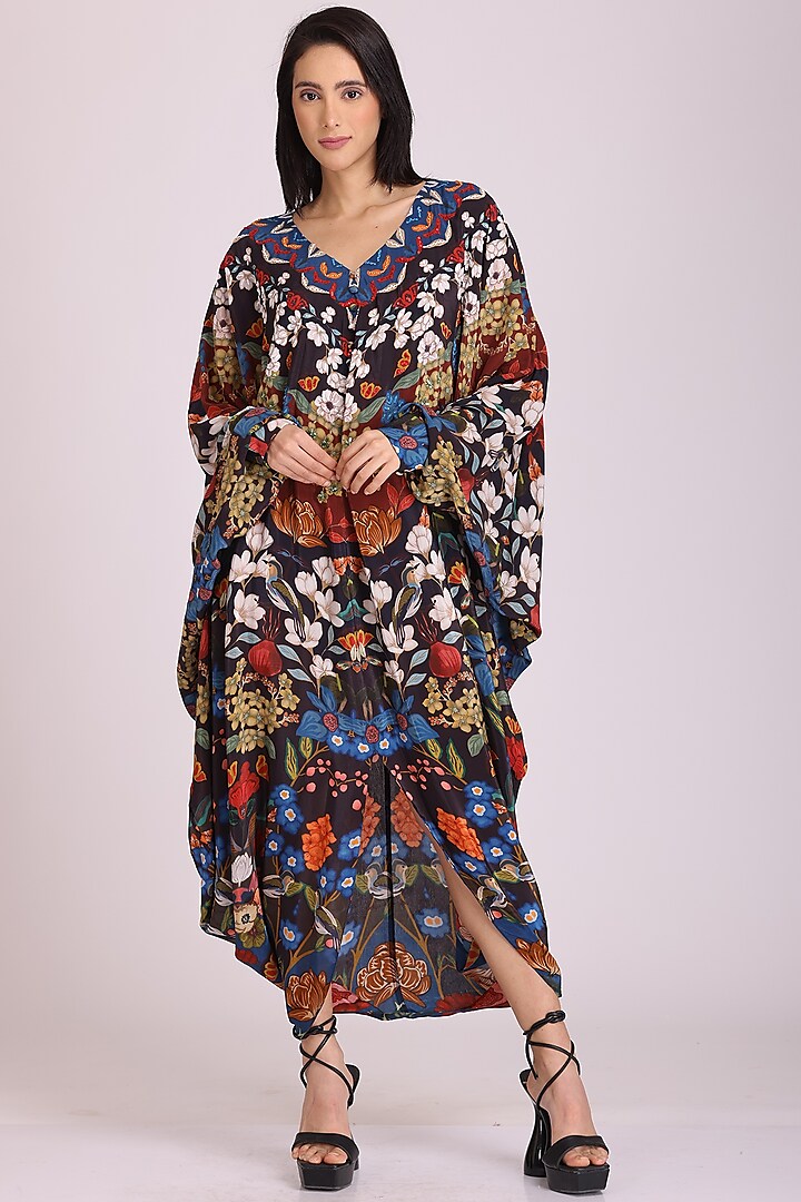 Multi-Colored Embroidered & Printed Kaftan Dress by Alpona Designs