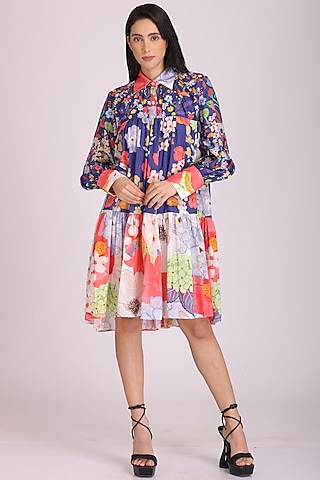Blue Cotton Silk Printed Dress by Alpona Designs