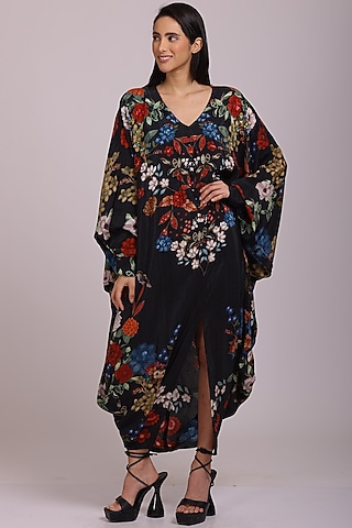 Green Natural Crepe Printed Kaftan by Alpona Designs