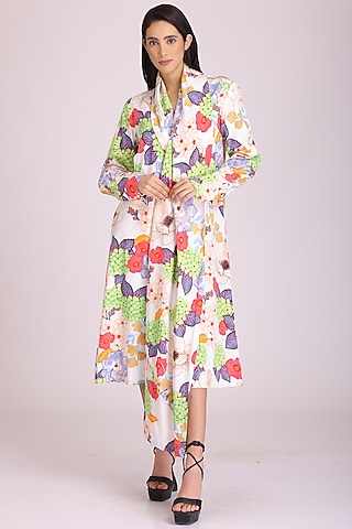 White Printed Jacket Dress by Alpona Designs