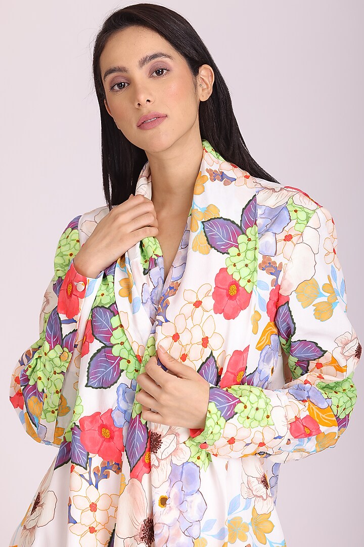 White Printed Jacket Vacation Dress by Alpona Designs at Pernia's Pop Up Shop