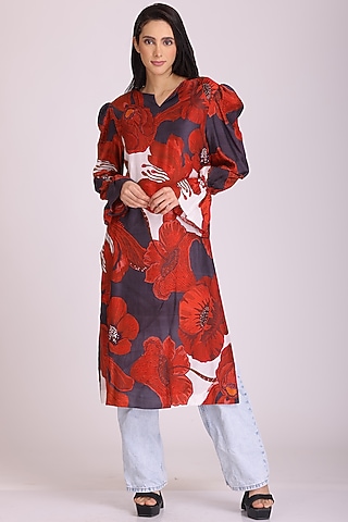 Red Cotton Silk Printed Dress by Alpona Designs