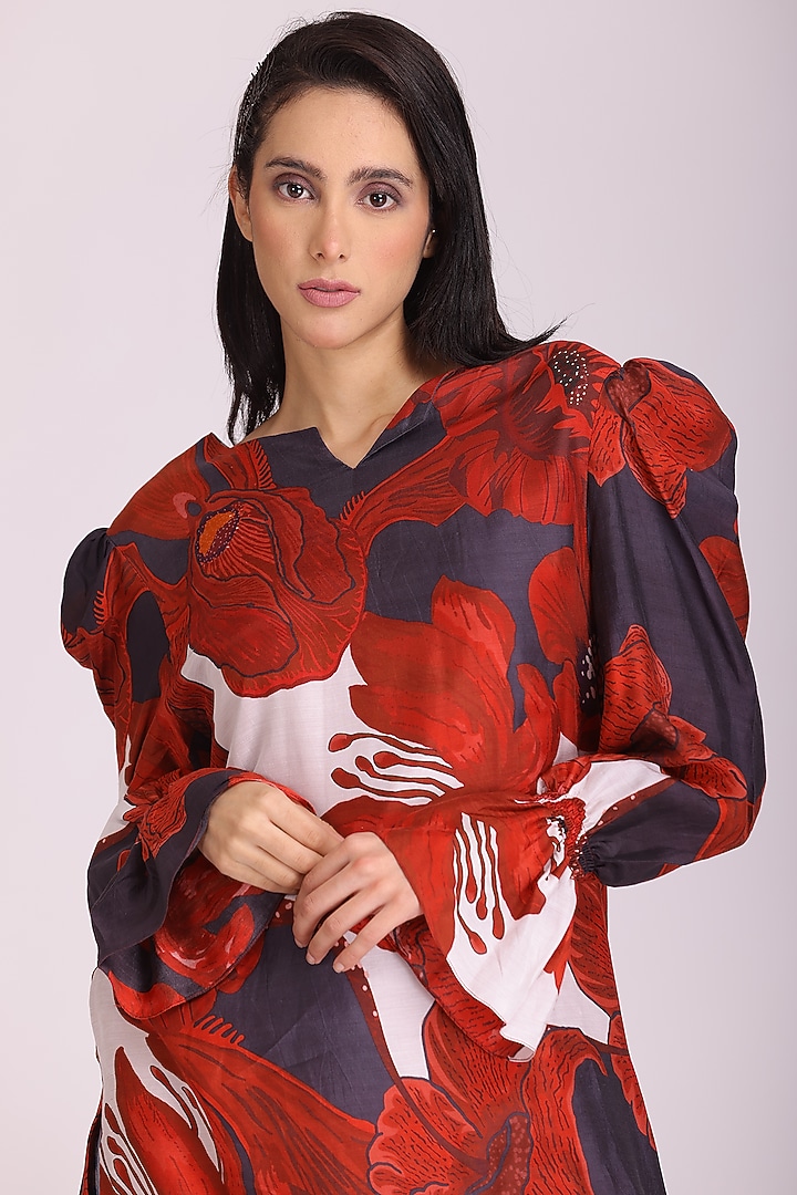 Red Cotton Silk Printed Vacation Dress by Alpona Designs at Pernia's Pop Up Shop