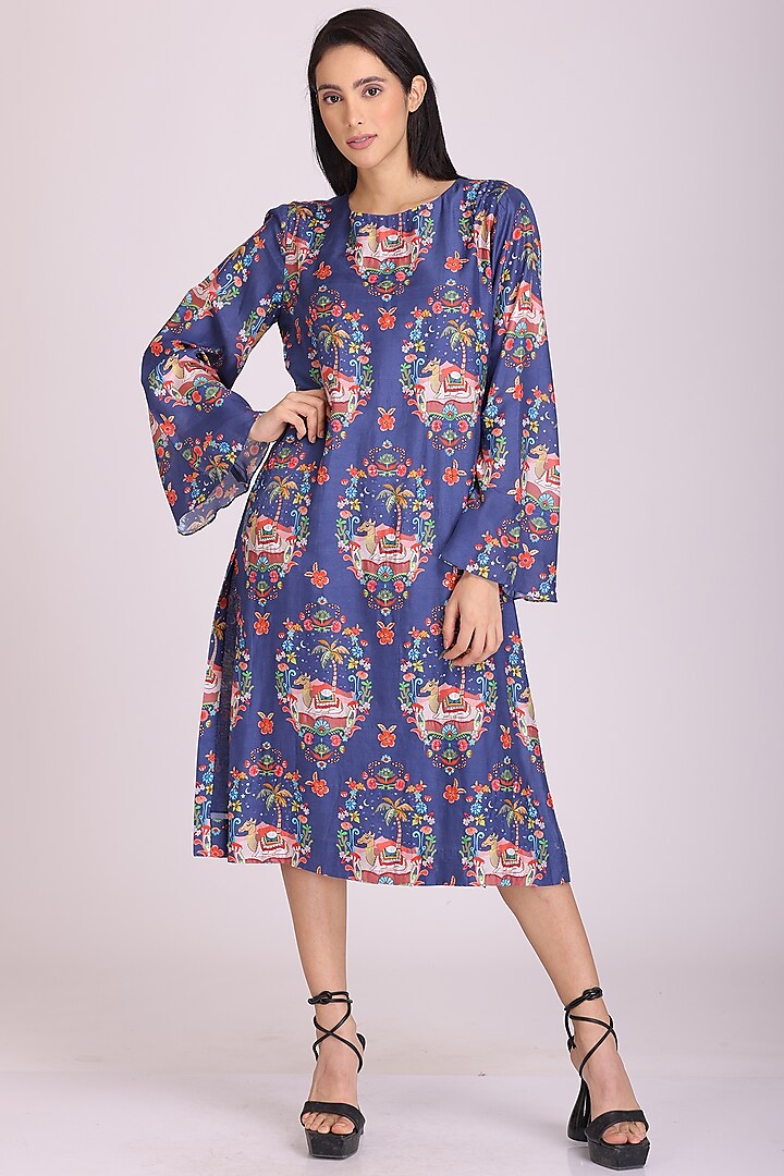 Blue Cotton Silk Printed Dress by Alpona Designs