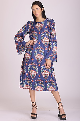 Blue Cotton Silk Printed Dress by Alpona Designs