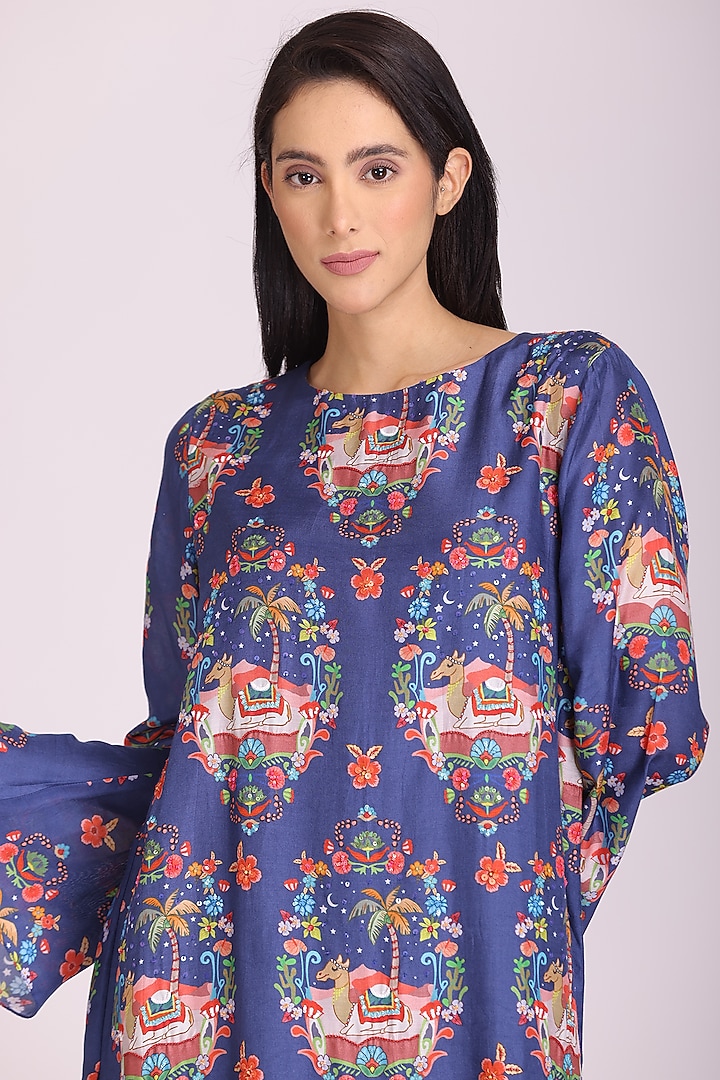 Blue Cotton Silk Printed Vacation Dress by Alpona Designs at Pernia's Pop Up Shop