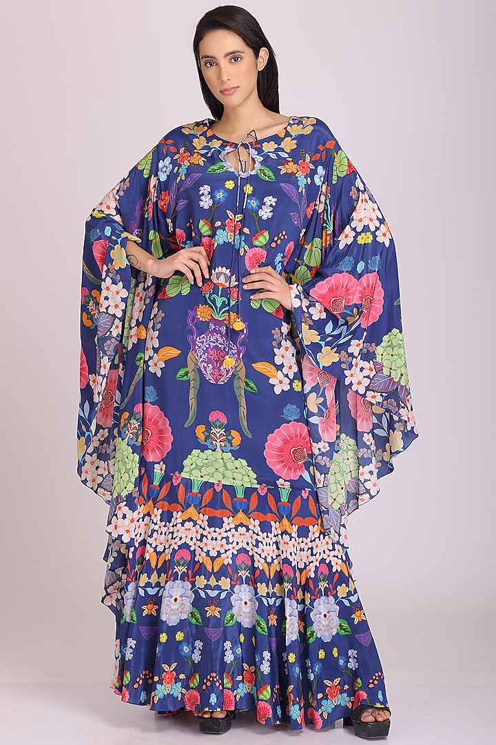 Blue Natural Crepe Printed Kaftan by Alpona Designs at Pernia's Pop Up Shop