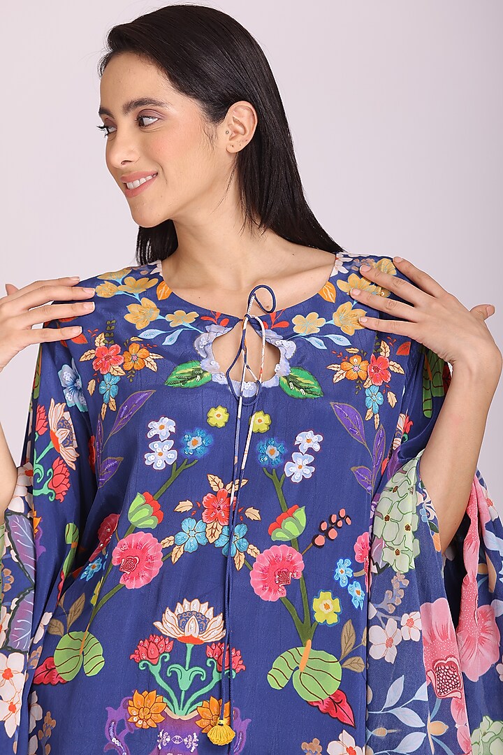 Blue Natural Crepe Printed Kaftan by Alpona Designs at Pernia's Pop Up Shop
