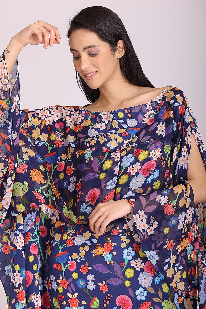 Blue Floral Printed Kaftan by Alpona Designs at Pernia's Pop Up Shop