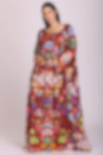 Dark Brown Floral Printed Dress by Alpona Designs