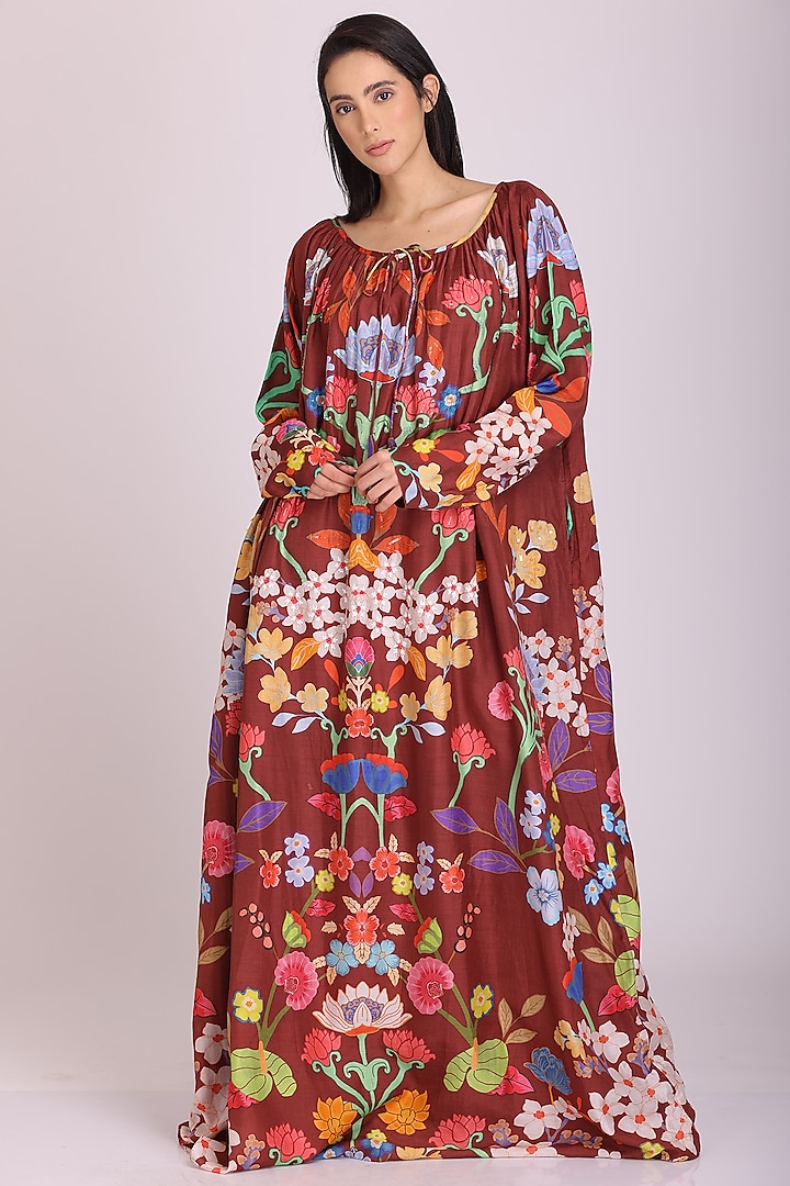 Dark Brown Floral Printed Dress by Alpona Designs