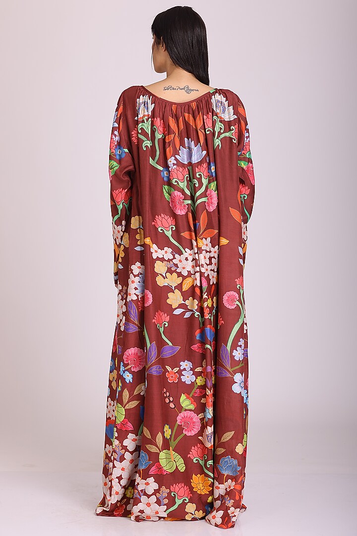 Dark Brown Floral Printed Vacation Dress by Alpona Designs at Pernia's Pop Up Shop