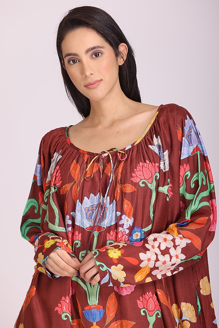 Dark Brown Floral Printed Vacation Dress by Alpona Designs at Pernia's Pop Up Shop