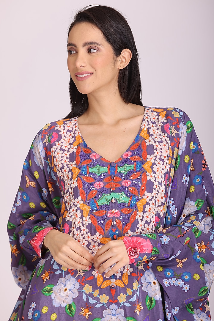 Purple Floral Printed Kaftan by Alpona Designs at Pernia's Pop Up Shop