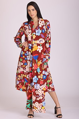 Dark Brown Natural Crepe Printed Dress by Alpona Designs