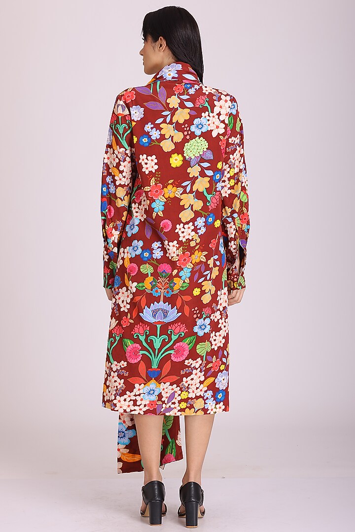 Dark Brown Natural Crepe Printed Vacation Dress by Alpona Designs at Pernia's Pop Up Shop