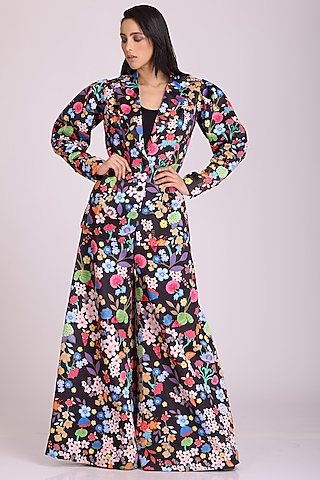 Black Floral Printed Blazer Set by Alpona Designs