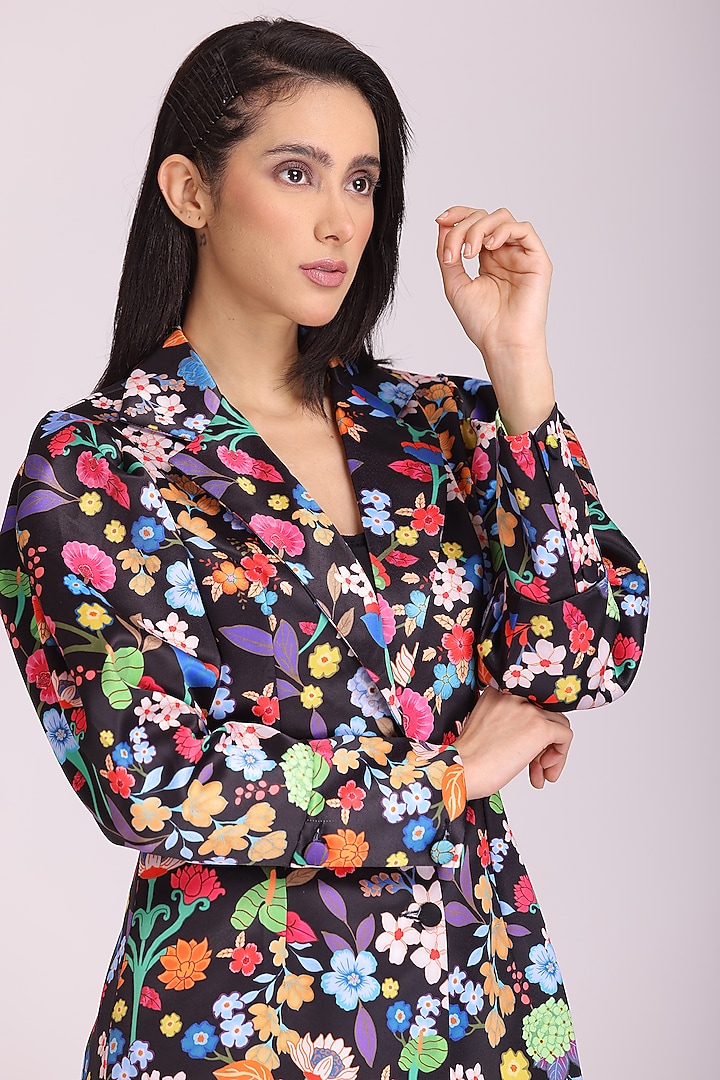 Black Floral Printed Blazer Set by Alpona Designs at Pernia's Pop Up Shop