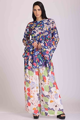 Blue Floral Printed Tunic Set by Alpona Designs