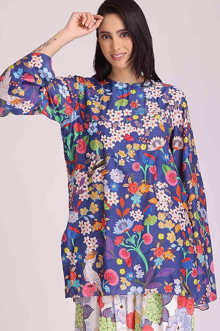 Blue Floral Printed Tunic Set by Alpona Designs at Pernia's Pop Up Shop