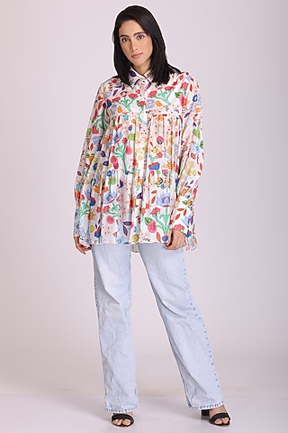 White Cotton Silk Printed Top by Alpona Designs