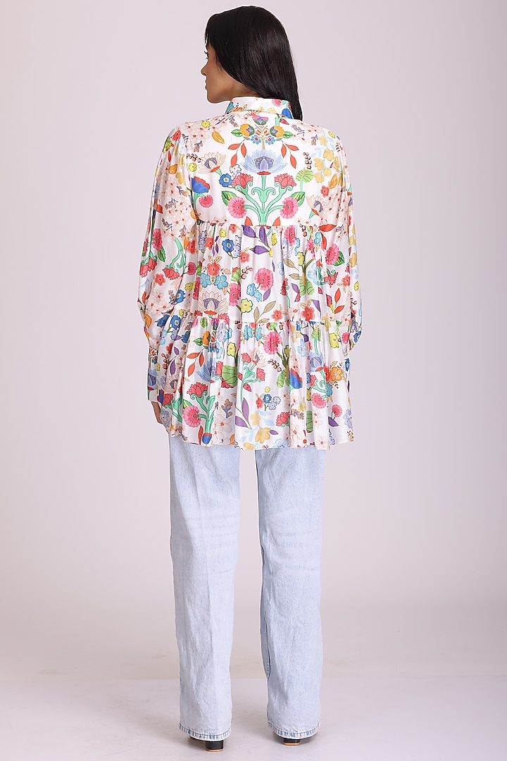 White Cotton Silk Printed Top by Alpona Designs at Pernia's Pop Up Shop