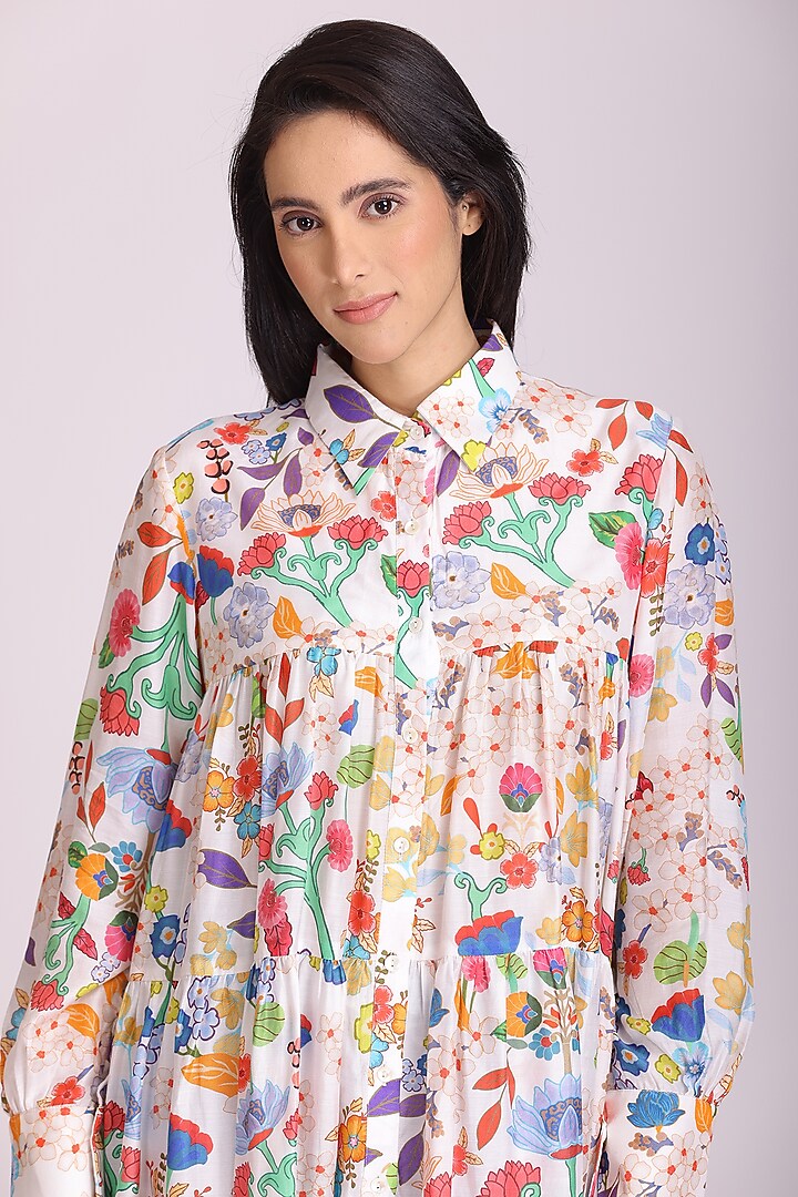 White Cotton Silk Printed Top by Alpona Designs at Pernia's Pop Up Shop